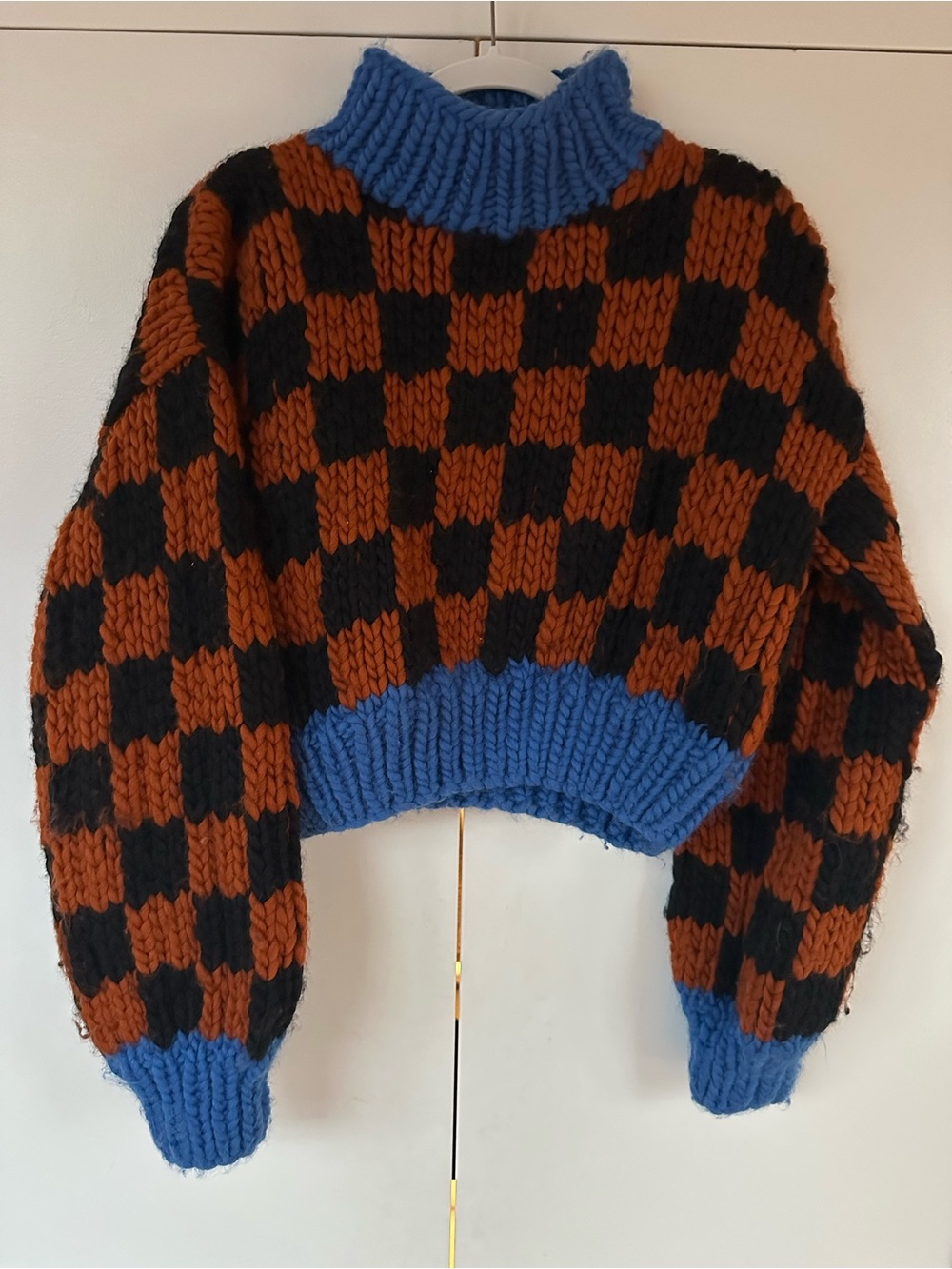 Checkered Cropped Hand Knit Sweater by “the Knitter”